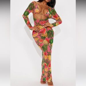 Fashion Nova Pink Tropical Fruit Cutout Swim Coverup Maxi